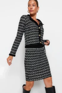 TRENDYOLMİLLA Black Knitting Detailed Soft textured Cardigan-Skirt Knitwear Top and Bottom Set - Image 2