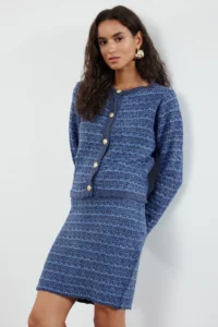TRENDYOLMİLLA Indigo Knitting Detailed Soft textured Cardigan-Skirt Knitwear Top and Bottom Set - Image 2