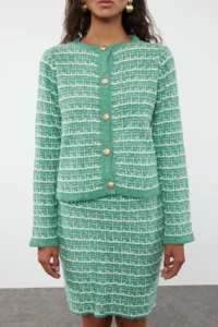 TRENDYOLMİLLA Mint Knitting Detailed Soft textured Cardigan-Skirt Knitwear Top and Bottom Set - Image 3