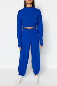 TRENDYOLMİLLA Saks Blue Super Crop Jogger Trousers Knitwear Top and Bottom Set - Image 4
