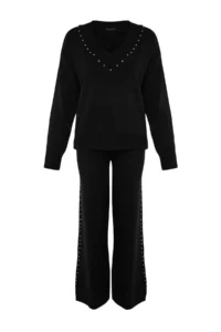 TRENDYOLMİLLA Black Wide Pattern Stone Detailed Knitwear Top and Bottom Set - Image 10