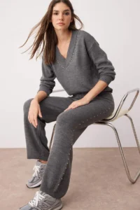 TRENDYOLMİLLA Anthracite Wide Pattern Stone Detailed Knitwear Top and Bottom Set - Image 2