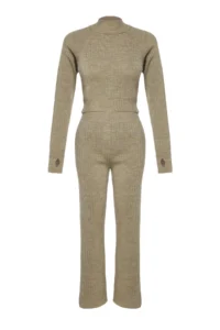TRENDYOLMİLLA Mink Crop Ribbed Finger Detailed Knitwear Top and Bottom Set - Image 6