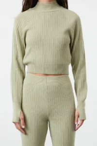 TRENDYOLMİLLA Mint Crop Ribbed Finger Detailed Knitwear Top and Bottom Set - Image 3