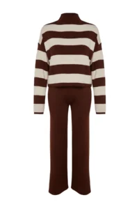 TRENDYOLMİLLA Brown Wide Pattern Striped Knitwear Top and Bottom Set - Image 7