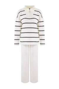 TRENDYOLMİLLA Ecru Wide Pattern Zippered Knitwear Top and Bottom Set - Image 5