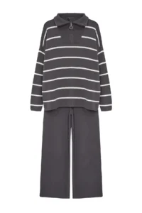 TRENDYOLMİLLA Anthracite Wide Pattern Zippered Knitwear Top and Bottom Set - Image 6