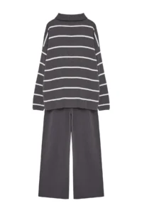 TRENDYOLMİLLA Anthracite Wide Pattern Zippered Knitwear Top and Bottom Set - Image 7