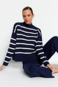 TRENDYOLMİLLA Navy Blue Striped Knitwear Pantolonlu Top and Bottom Set - Image 3