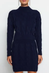 TRENDYOLMİLLA Navy Blue Crop Dog collar Etekli Knitwear Top and Bottom Set - Image 4