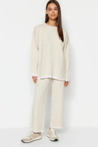 TRENDYOLMİLLA Beige Wide Pattern Contrast Colorful Knitwear Top and Bottom Set - Image 2