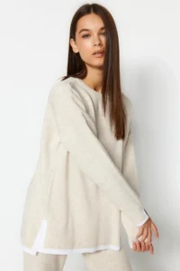 TRENDYOLMİLLA Beige Wide Pattern Contrast Colorful Knitwear Top and Bottom Set - Image 3