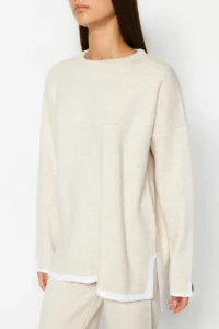 TRENDYOLMİLLA Beige Wide Pattern Contrast Colorful Knitwear Top and Bottom Set - Image 4