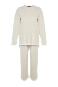 TRENDYOLMİLLA Beige Wide Pattern Contrast Colorful Knitwear Top and Bottom Set - Image 7