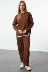TRENDYOLMİLLA Camel Wide Pattern Contrast Colorful Knitwear Top and Bottom Set