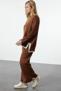 TRENDYOLMİLLA Camel Wide Pattern Contrast Colorful Knitwear Top and Bottom Set - Image 2