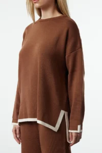 TRENDYOLMİLLA Camel Wide Pattern Contrast Colorful Knitwear Top and Bottom Set - Image 3
