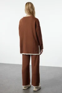 TRENDYOLMİLLA Camel Wide Pattern Contrast Colorful Knitwear Top and Bottom Set - Image 5