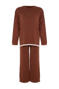 TRENDYOLMİLLA Camel Wide Pattern Contrast Colorful Knitwear Top and Bottom Set - Image 6