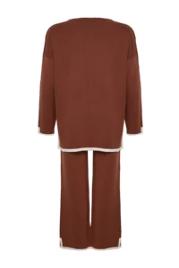 TRENDYOLMİLLA Camel Wide Pattern Contrast Colorful Knitwear Top and Bottom Set - Image 7