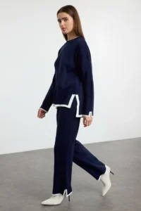 TRENDYOLMİLLA Navy Blue Wide Pattern Contrast Colorful Knitwear Top and Bottom Set