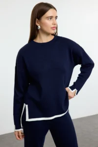 TRENDYOLMİLLA Navy Blue Wide Pattern Contrast Colorful Knitwear Top and Bottom Set - Image 2
