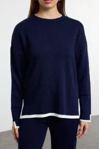 TRENDYOLMİLLA Navy Blue Wide Pattern Contrast Colorful Knitwear Top and Bottom Set - Image 3