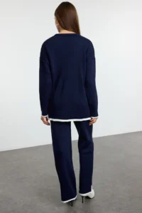 TRENDYOLMİLLA Navy Blue Wide Pattern Contrast Colorful Knitwear Top and Bottom Set - Image 5