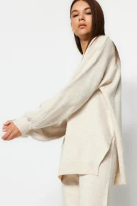 TRENDYOLMİLLA Beige Wide Pattern Balloon Sleeve Knitwear Top and Bottom Set - Image 3