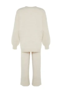 TRENDYOLMİLLA Beige Wide Pattern Balloon Sleeve Knitwear Top and Bottom Set - Image 8