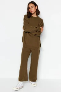 TRENDYOLMİLLA Khaki Wide Pattern Balloon Sleeve Knitwear Top and Bottom Set