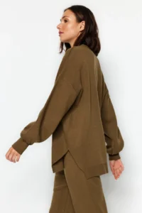 TRENDYOLMİLLA Khaki Wide Pattern Balloon Sleeve Knitwear Top and Bottom Set - Image 2