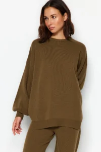TRENDYOLMİLLA Khaki Wide Pattern Balloon Sleeve Knitwear Top and Bottom Set - Image 3