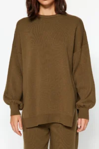 TRENDYOLMİLLA Khaki Wide Pattern Balloon Sleeve Knitwear Top and Bottom Set - Image 5