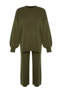 TRENDYOLMİLLA Khaki Wide Pattern Balloon Sleeve Knitwear Top and Bottom Set - Image 7