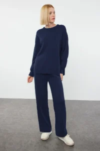 TRENDYOLMİLLA Navy Blue Wide Pattern Balloon Sleeve Knitwear Top and Bottom Set - Image 2