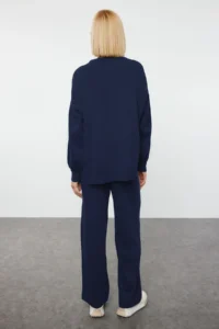 TRENDYOLMİLLA Navy Blue Wide Pattern Balloon Sleeve Knitwear Top and Bottom Set - Image 5