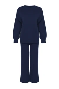 TRENDYOLMİLLA Navy Blue Wide Pattern Balloon Sleeve Knitwear Top and Bottom Set - Image 6
