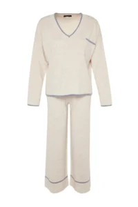 TRENDYOLMİLLA Beige Wide Pattern Hairy Yarn Knitwear Top and Bottom Set - Image 7