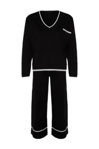 TRENDYOLMİLLA Black Wide Pattern Hairy Yarn Knitwear Top and Bottom Set - Image 7