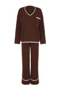 TRENDYOLMİLLA Brown Wide Pattern Hairy Yarn Knitwear Top and Bottom Set - Image 5