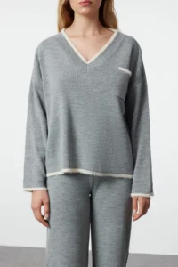 TRENDYOLMİLLA Anthracite Wide Pattern Hairy Yarn Knitwear Top and Bottom Set - Image 3