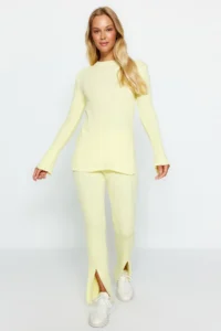 TRENDYOLMİLLA Yellow slit Knitwear Top and Bottom Set