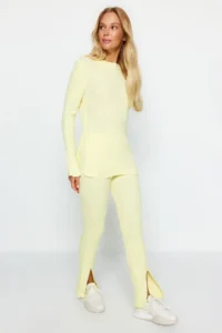 TRENDYOLMİLLA Yellow slit Knitwear Top and Bottom Set - Image 3