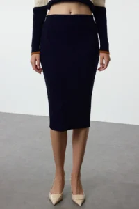 TRENDYOLMİLLA Navy Blue Color Bloklu Etekli Knitwear Top and Bottom Set - Image 3