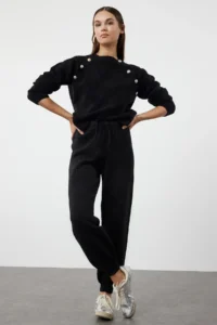 TRENDYOLMİLLA Black Boucle Thread Textured Button Detailed Knitwear Top and Bottom Set