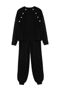TRENDYOLMİLLA Black Boucle Thread Textured Button Detailed Knitwear Top and Bottom Set - Image 6