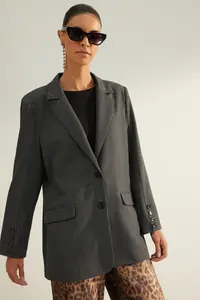 TRENDYOLMİLLA Anthracite Premium Oversized Lined Weaving Blazer Jacket