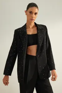 TRENDYOLMİLLA Black Regular Weaving Lined Stone Detailed Blazer Jacket - Image 3