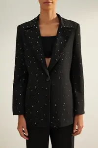 TRENDYOLMİLLA Black Regular Weaving Lined Stone Detailed Blazer Jacket - Image 4